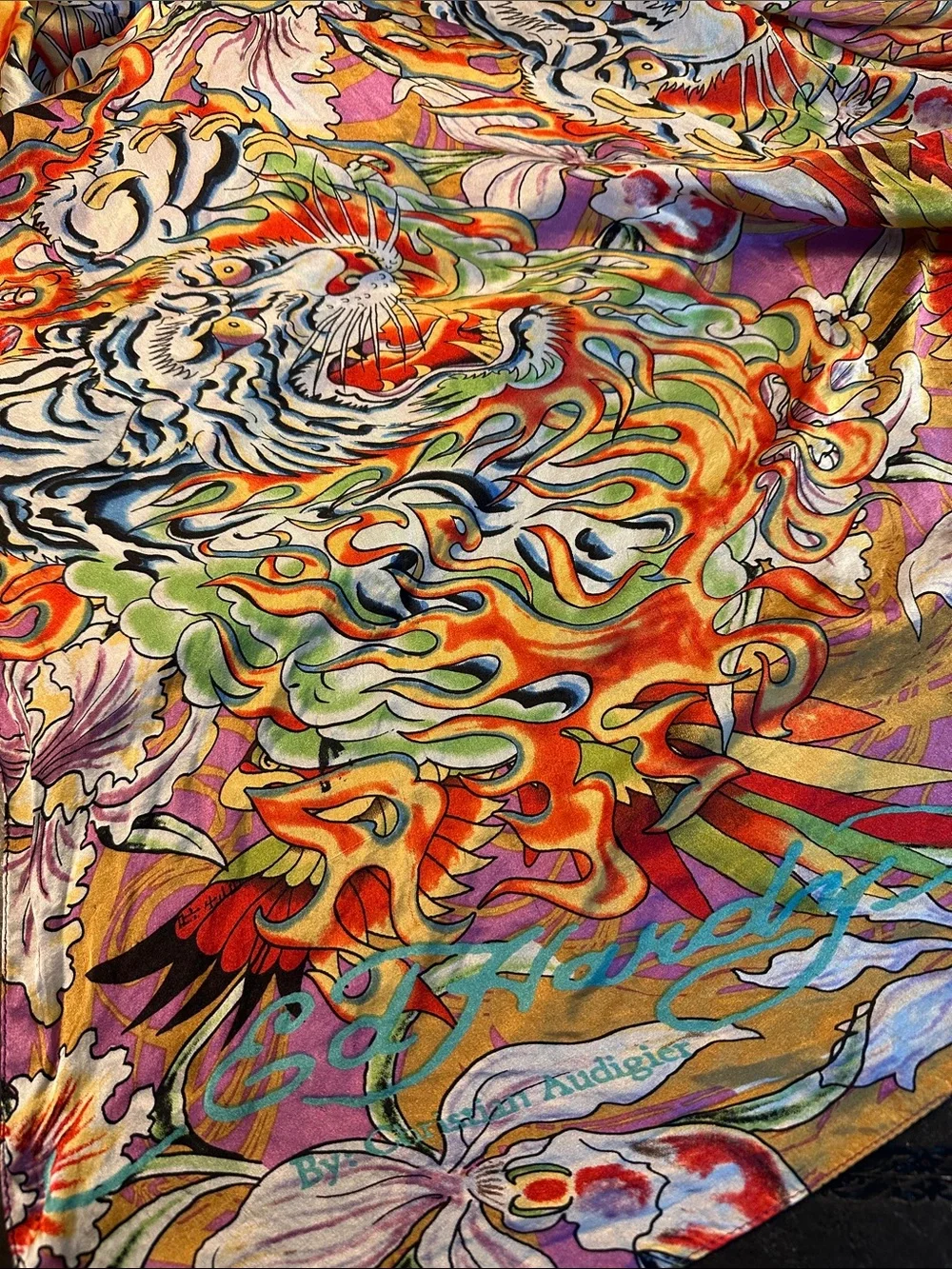 Vintage Ed Hardy  100% Silk Vibrant Multicolor Floral Silk Scarf 🧣